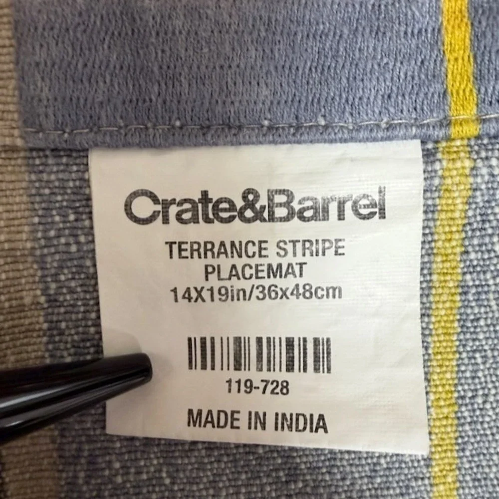 Crate & Barrel Placemats Set of 4 100% Cotton Terrance‎ Stripe Made in India
